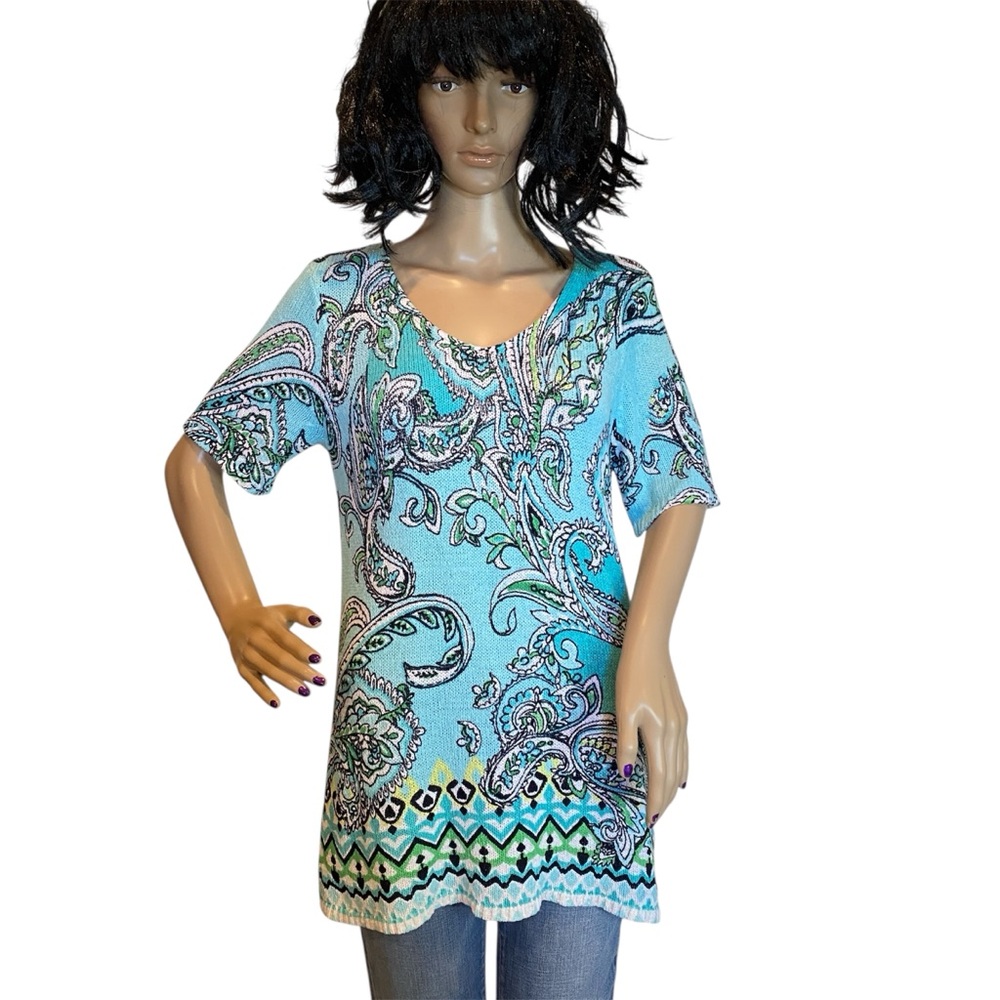 Chico's Cool Paisley Pullover Sweater Long Aqua  Sz 1 Chico's = Sz Medium US NWT